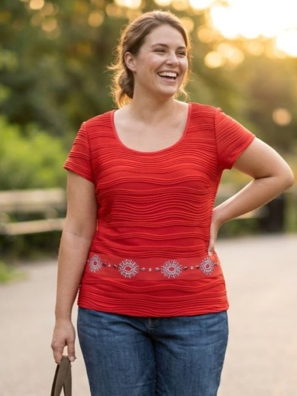 Frank Lyman Red Textured Scoop Neck Top with Embellished Hem